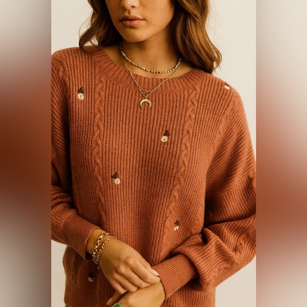Hem & Thread Rust Cable Knit Sweater with Floral Accents